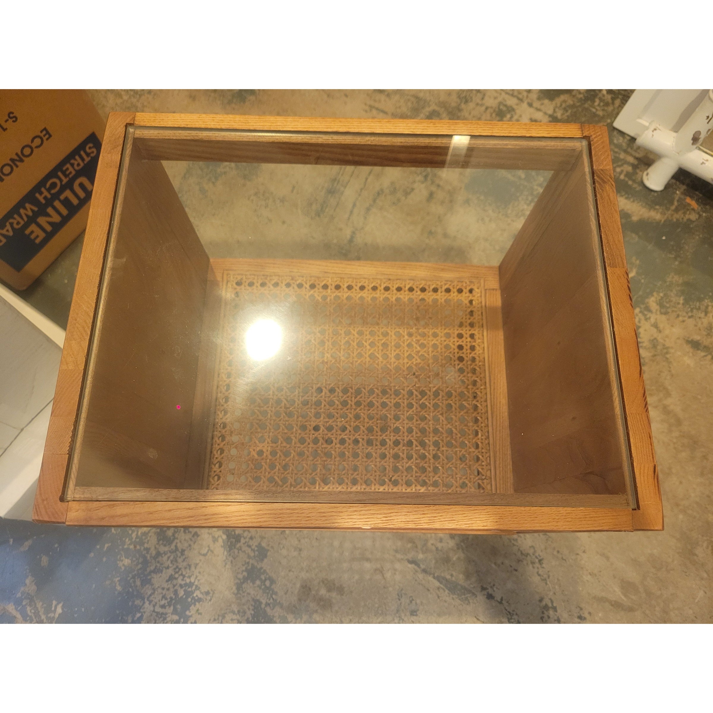 Square Ash Wood Side Table w/ Glass Top & Cane Shelf