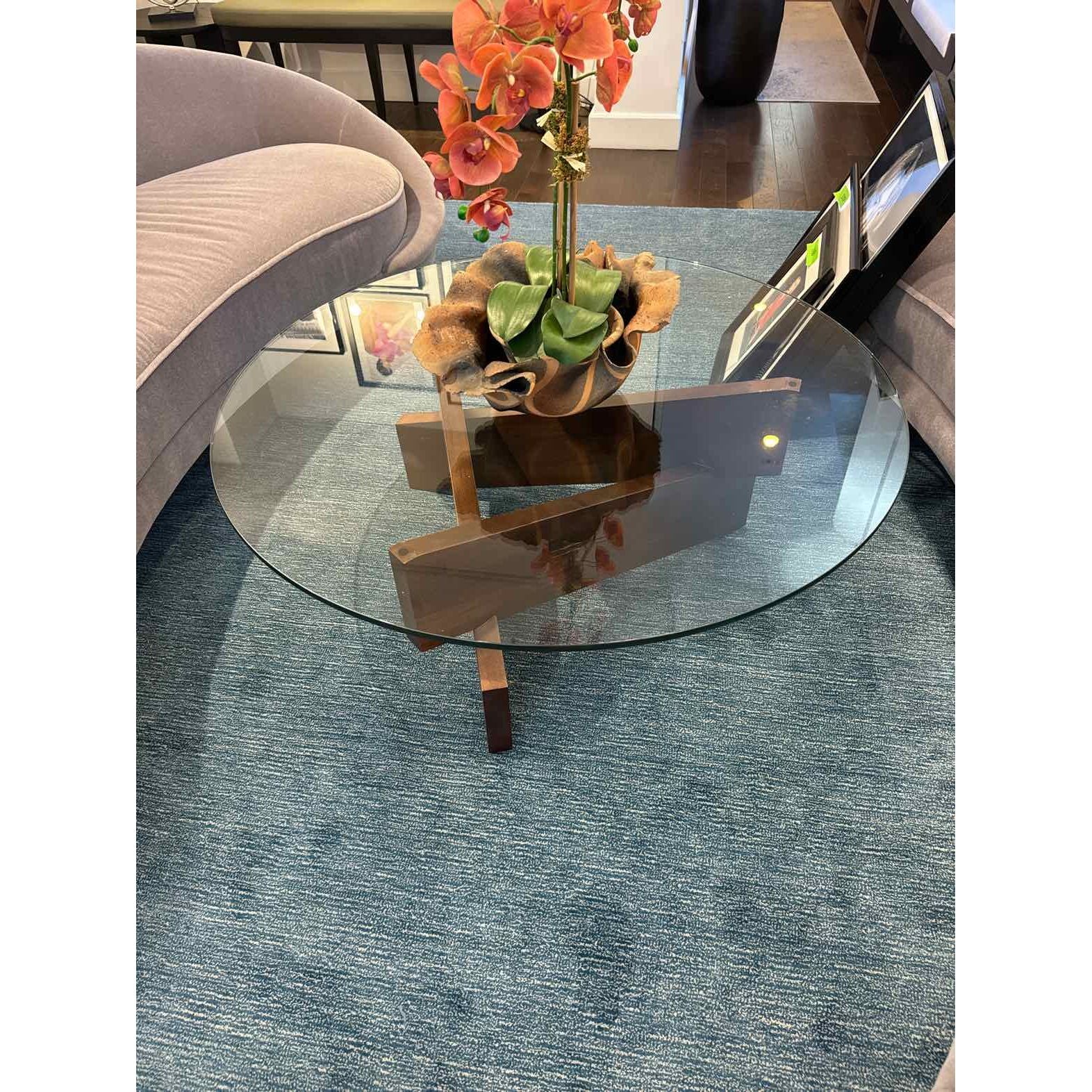 Mid-Century Style Glass Top w/ Wooden Base Coffee Table 42"DiamX16.5"