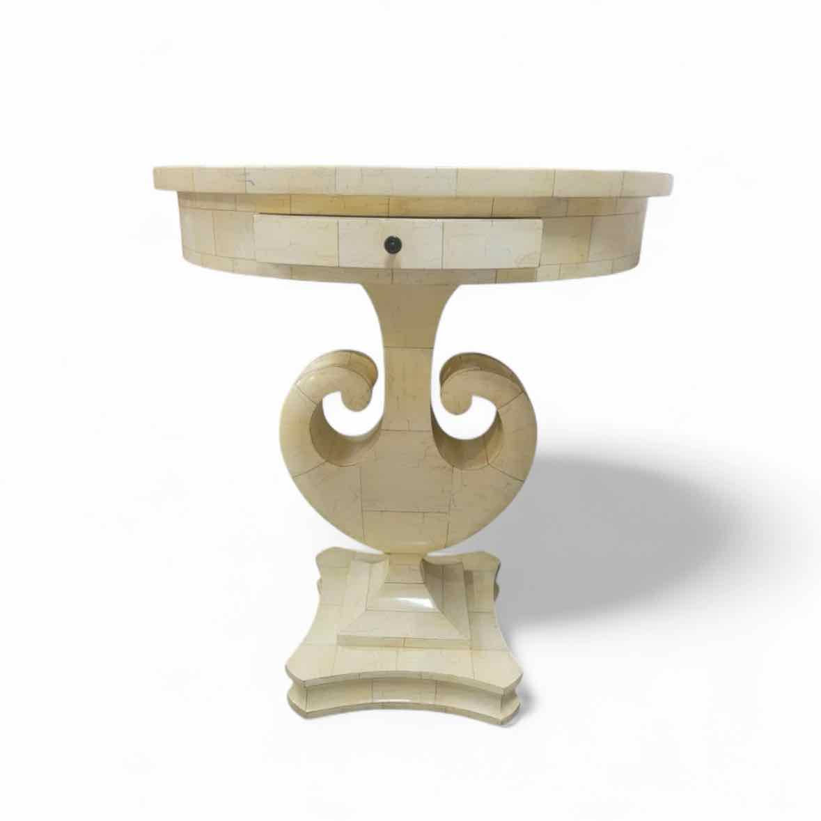 Faux Ivory Inlay Round Side Table w/ Drawer