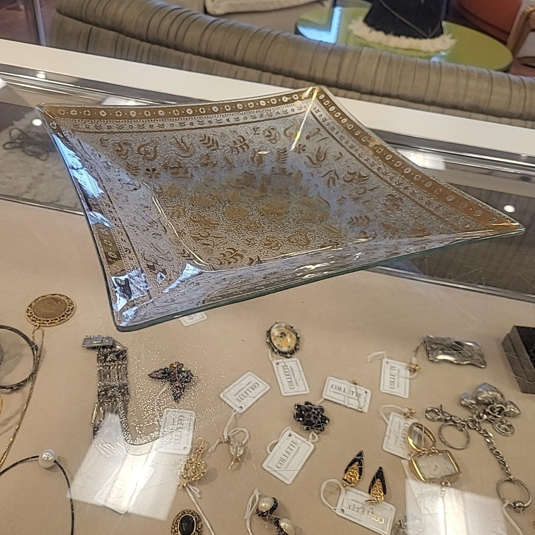 Georges Briard Floral Gold Glass Square Platter