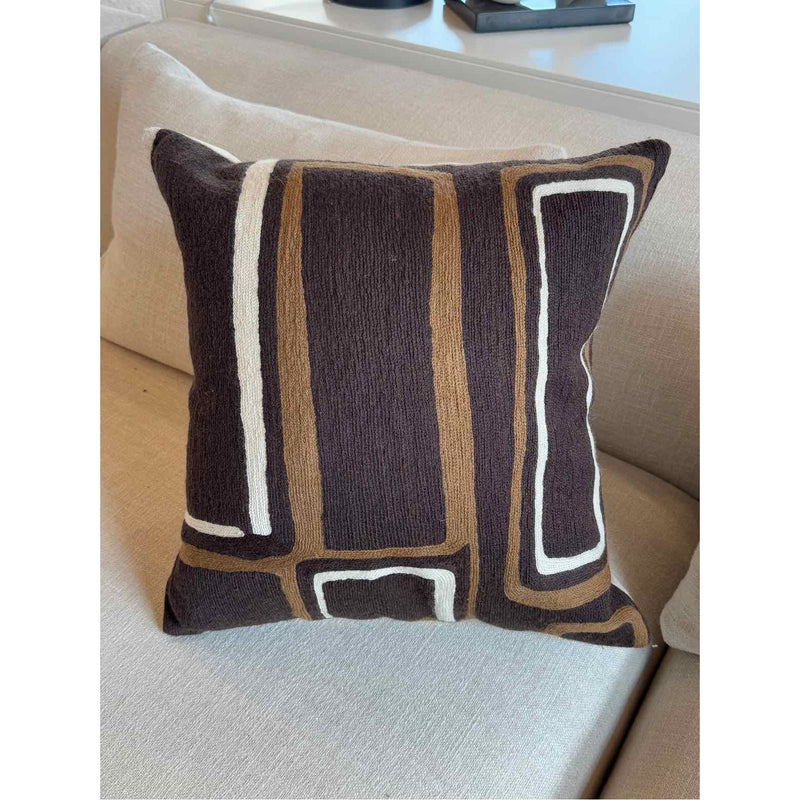 Brown Linen Embroidered Square Pillow by Judy Ross Textiles