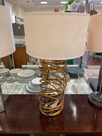 Brass Wire Cylindrical Table Lamp w/ White Shade (AS IS)
