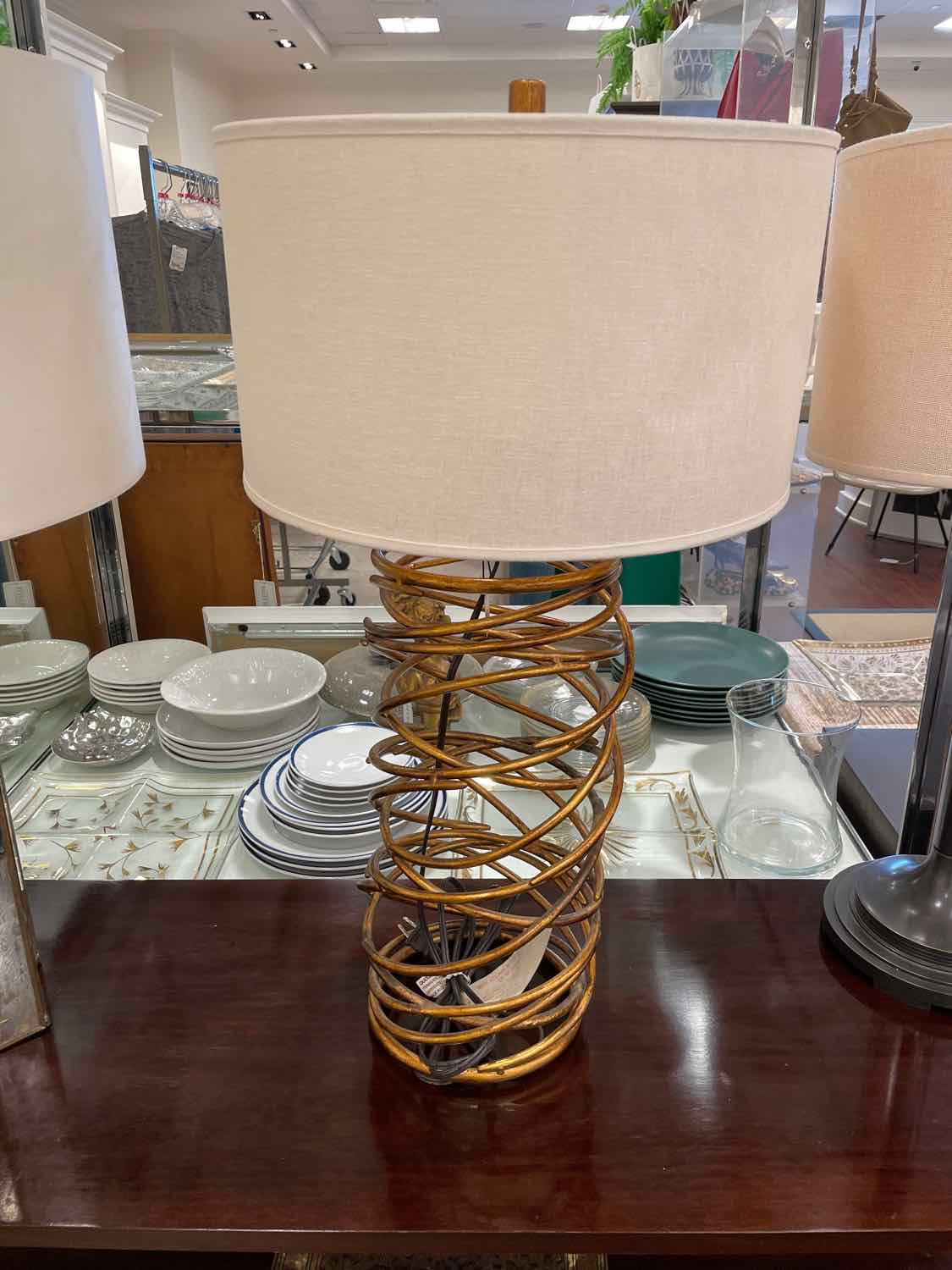 Brass Wire Cylindrical Table Lamp w/ White Shade (AS IS)