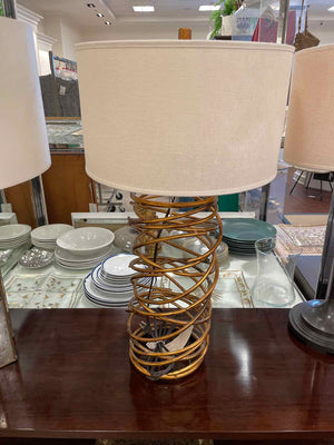 Brass Wire Cylindrical Table Lamp w/ White Shade (AS IS)