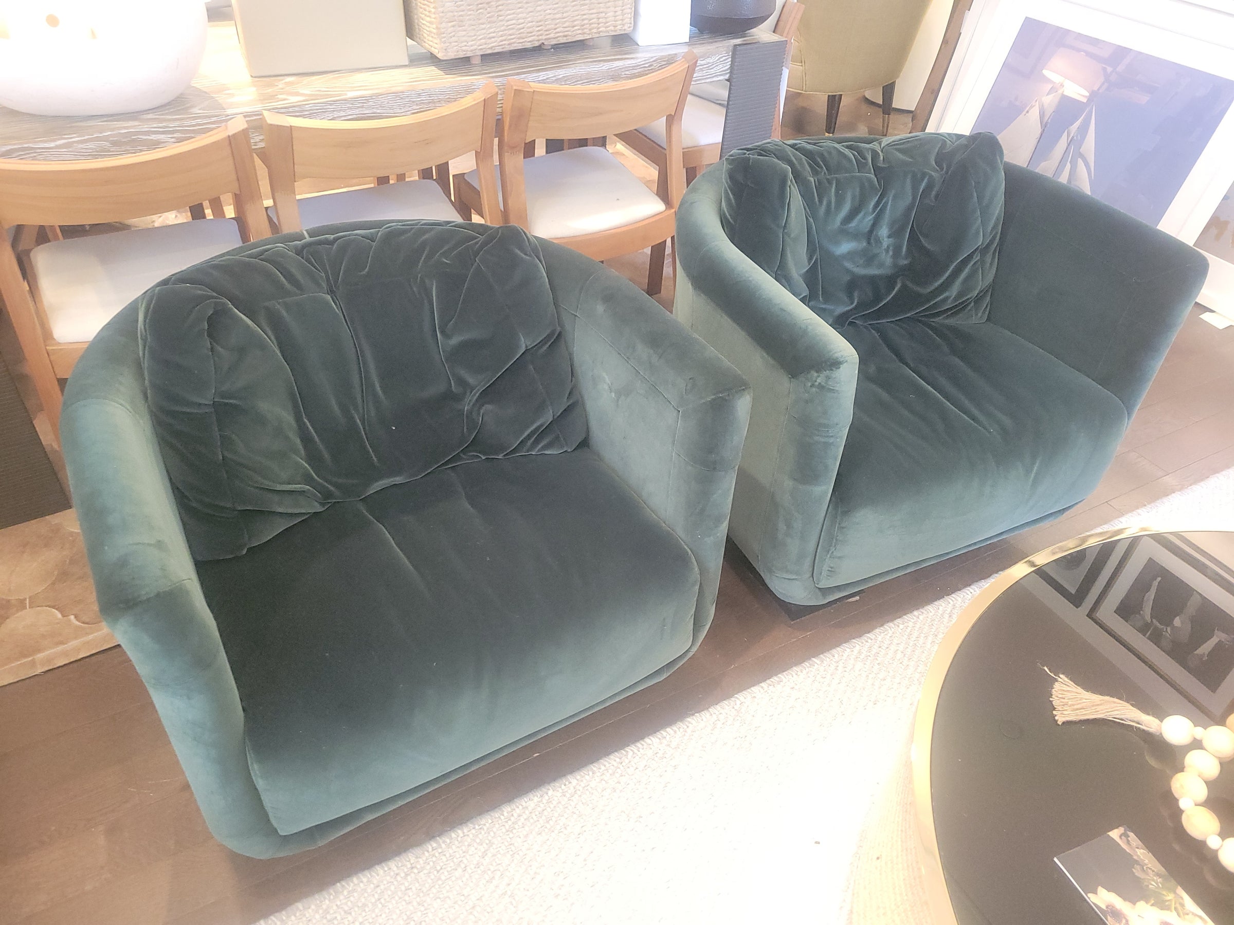 PAIR of Artu Green Velvet Barrel Back Swivel Chairs by Fendi Casa