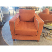 PAIR of Orange Linen Square Lounge Arm Chairs w/ Gray Piping by Flexteam
