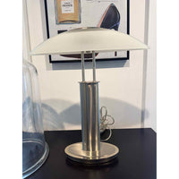 PAIR of Nickel Table Lamps w/ Canoe Shaped Frosted Glass Shades - colletteconsignment.com