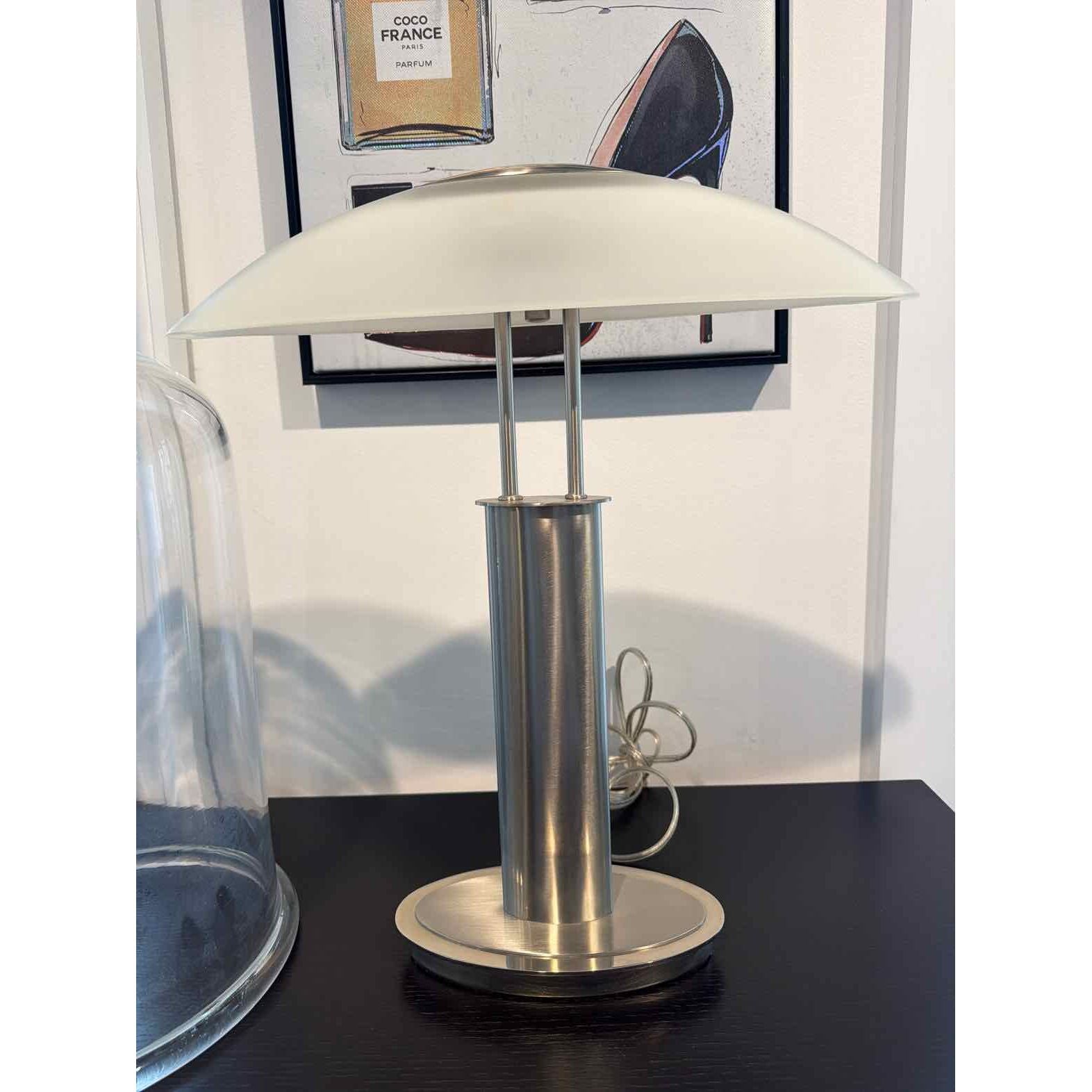 PAIR of Nickel Table Lamps w/ Canoe Shaped Frosted Glass Shades - colletteconsignment.com