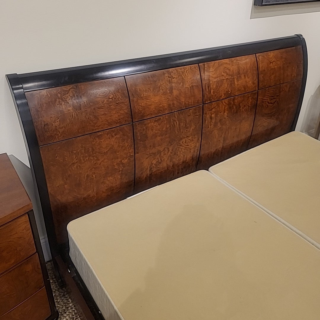 King-Sized Henredon Burlwood Sleigh Bed w/ Dark Walnut Accents - AS IS