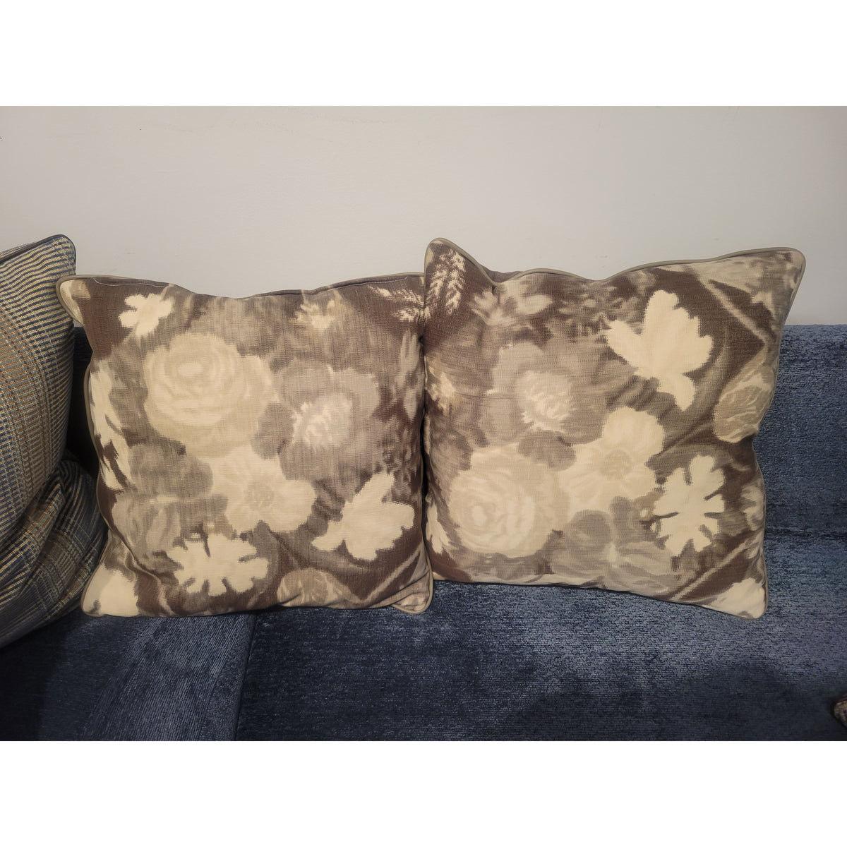 PAIR of Custom Gray Rose Print Square Pillows w/ Leather Piping - colletteconsignment.com