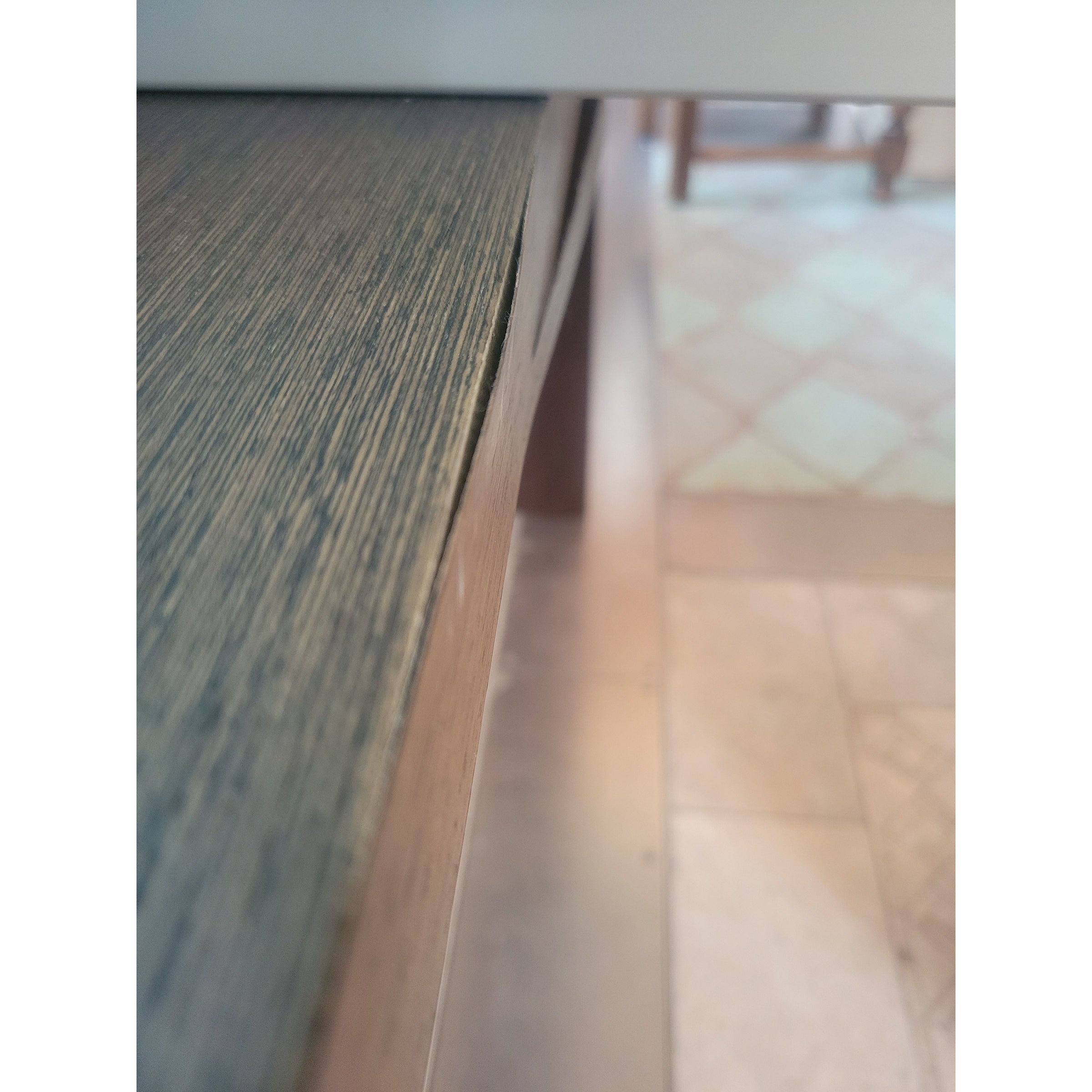 Frosted Glass Extension Dining Table on Wood Veneer Legs (AS IS) - colletteconsignment.com