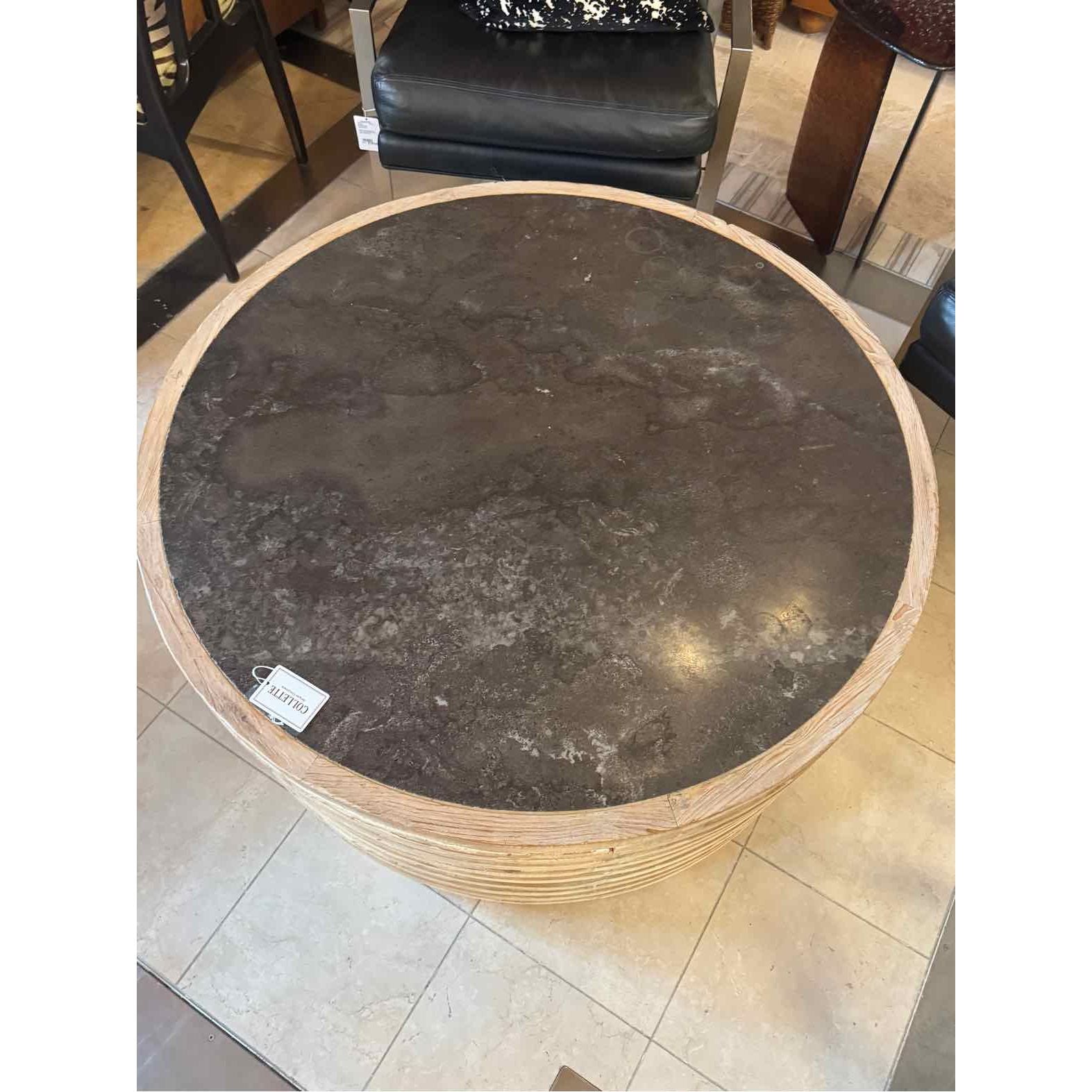 Round Fluted Wood Coffee Table w/ Black Stone Top