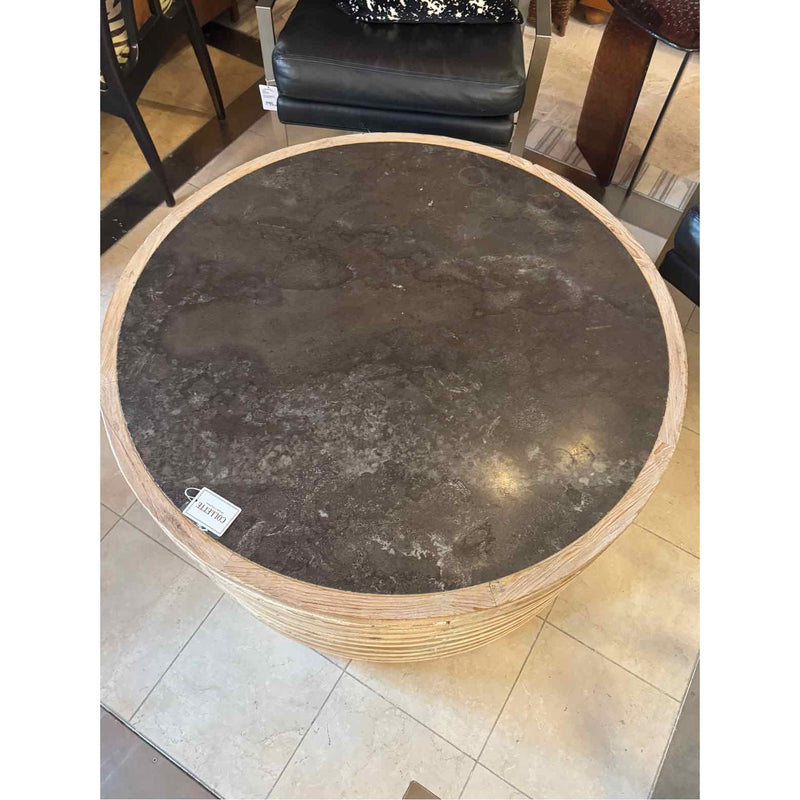 Round Fluted Wood Coffee Table w/ Black Stone Top
