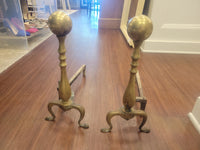 PAIR of Antique Brass Cannonball Fireplace Andirons