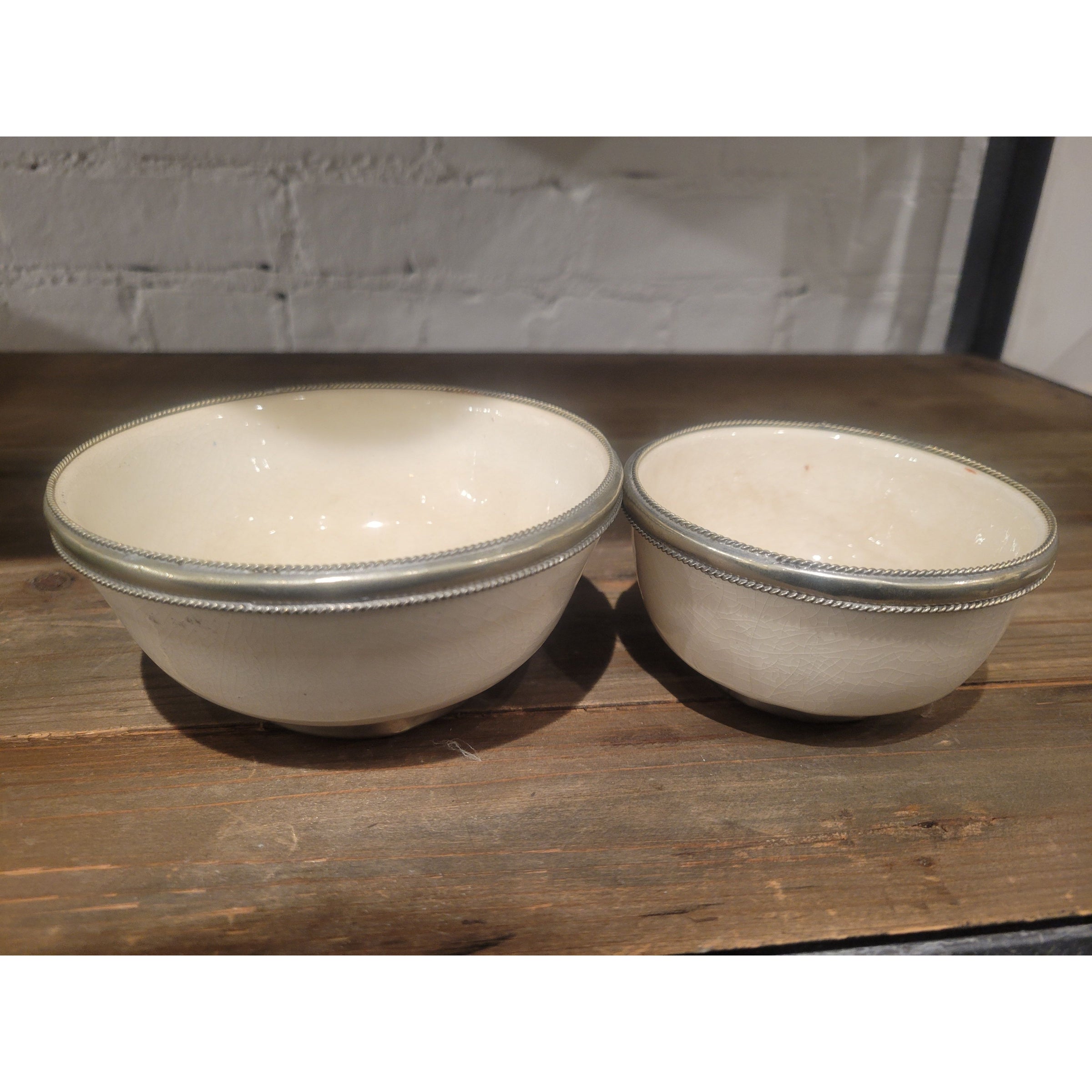 PAIR of White Ceramic Bowls w/ Metal Trim