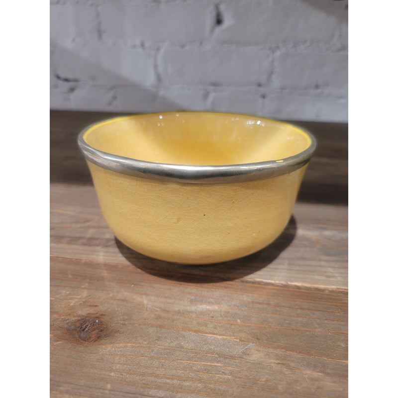 SET of 3 Yellow & Green Ceramic Bowls w/ Metal Trim