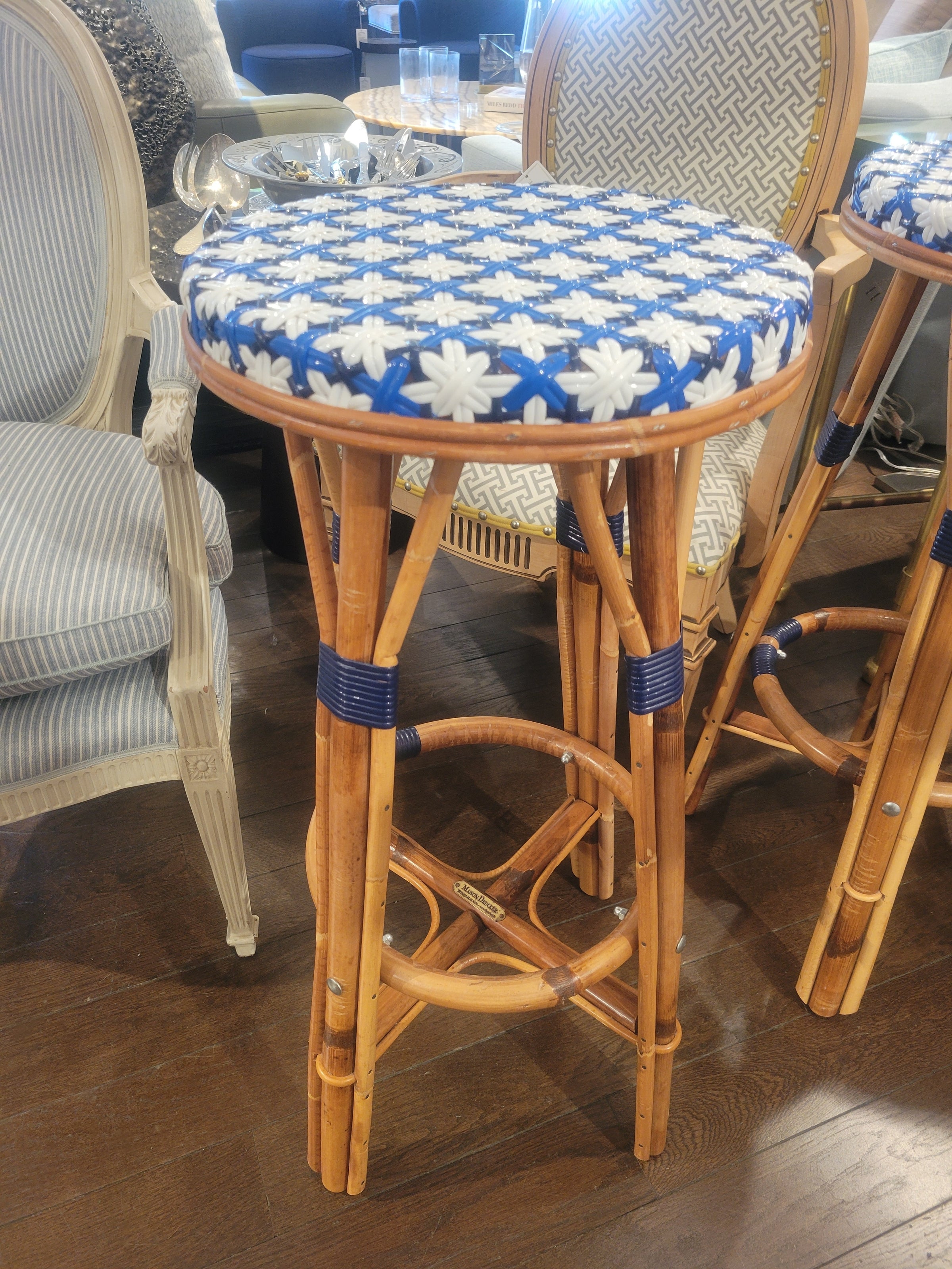SET of 3 Blue & White Wicker Counter Stools by Maison Drucker