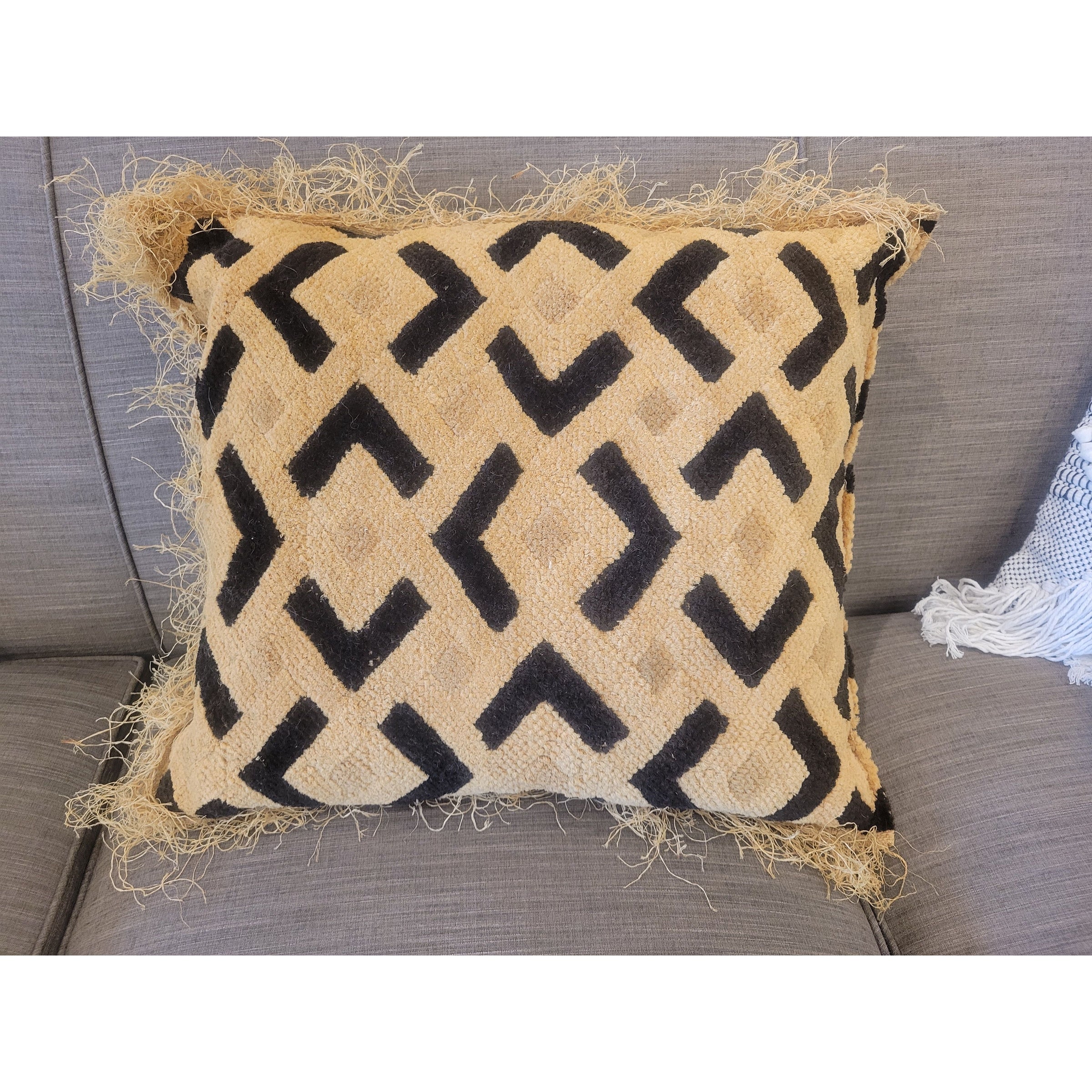 Tan & Black Natural Fiber Pillow w/ Trim on 3 Sides - colletteconsignment.com