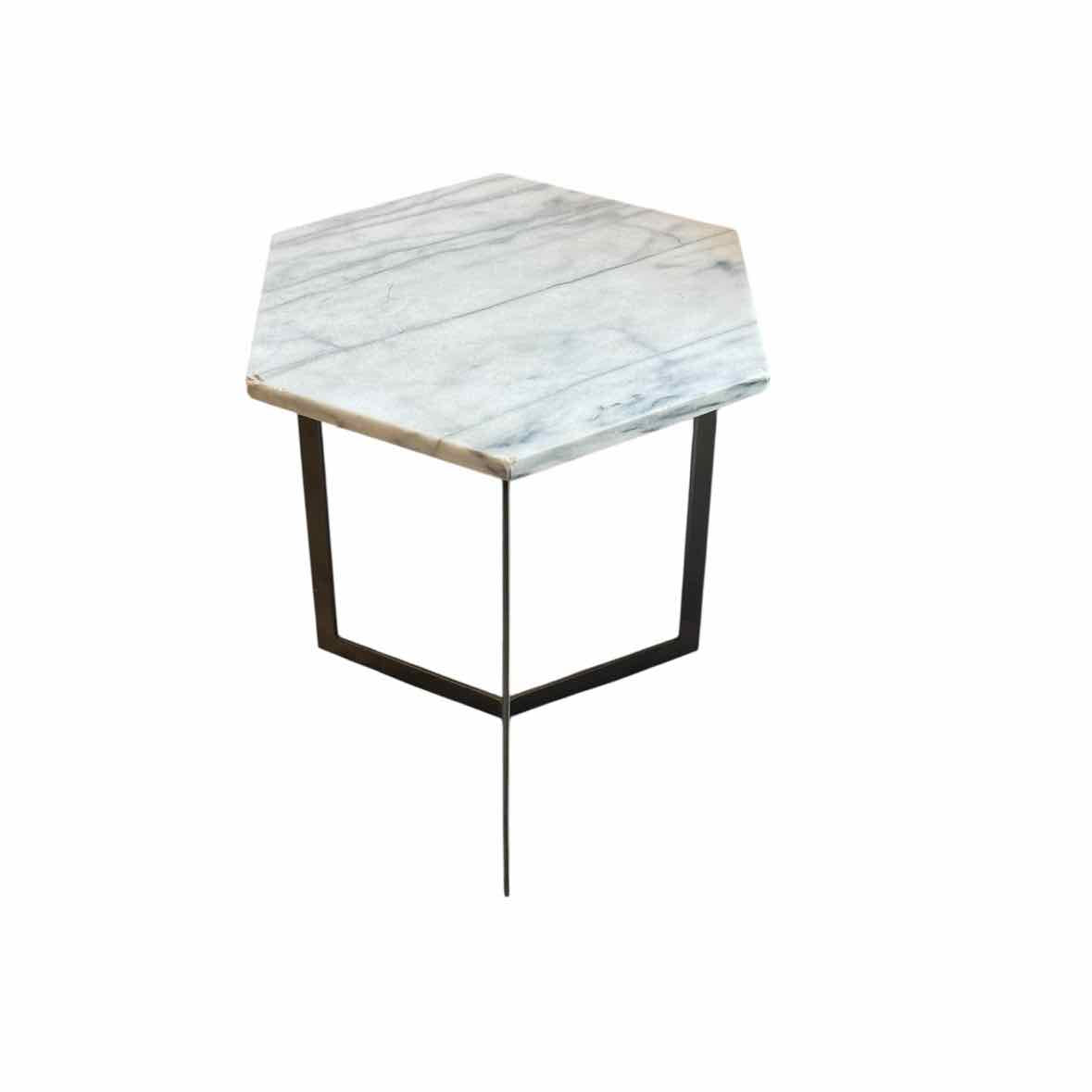 White Marble Hexagon Side Table on Metal Base - AS IS - colletteconsignment.com