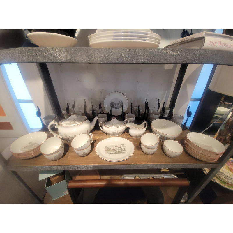 41-Pc 19th C. British Bat-Printed Porcelain Dish Set by Spode w/ Display Stands - colletteconsignment.com