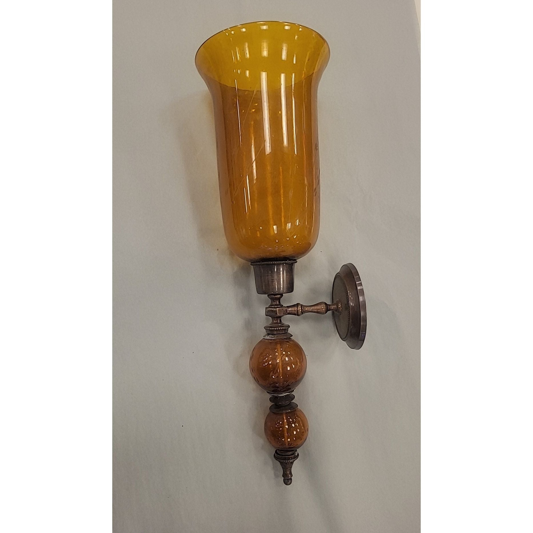 Antique Etched Amber Glass & Bronze Candle Stick Sconce (AS IS)