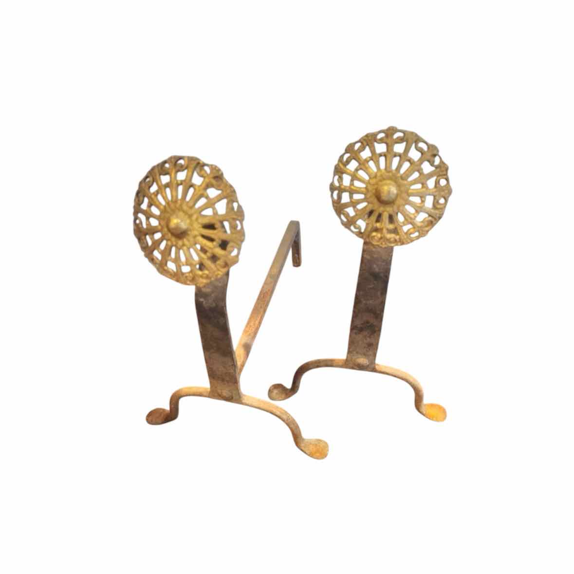 Pair of Metal Andirons w/ Brass Flower Trim