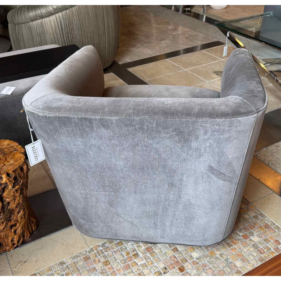 PAIR of Custom Gray Velvet & Black Oak Swivel Chairs