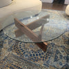 Mid-Century Style Glass Top w/ Wooden Base Coffee Table 42"DiamX16.5"