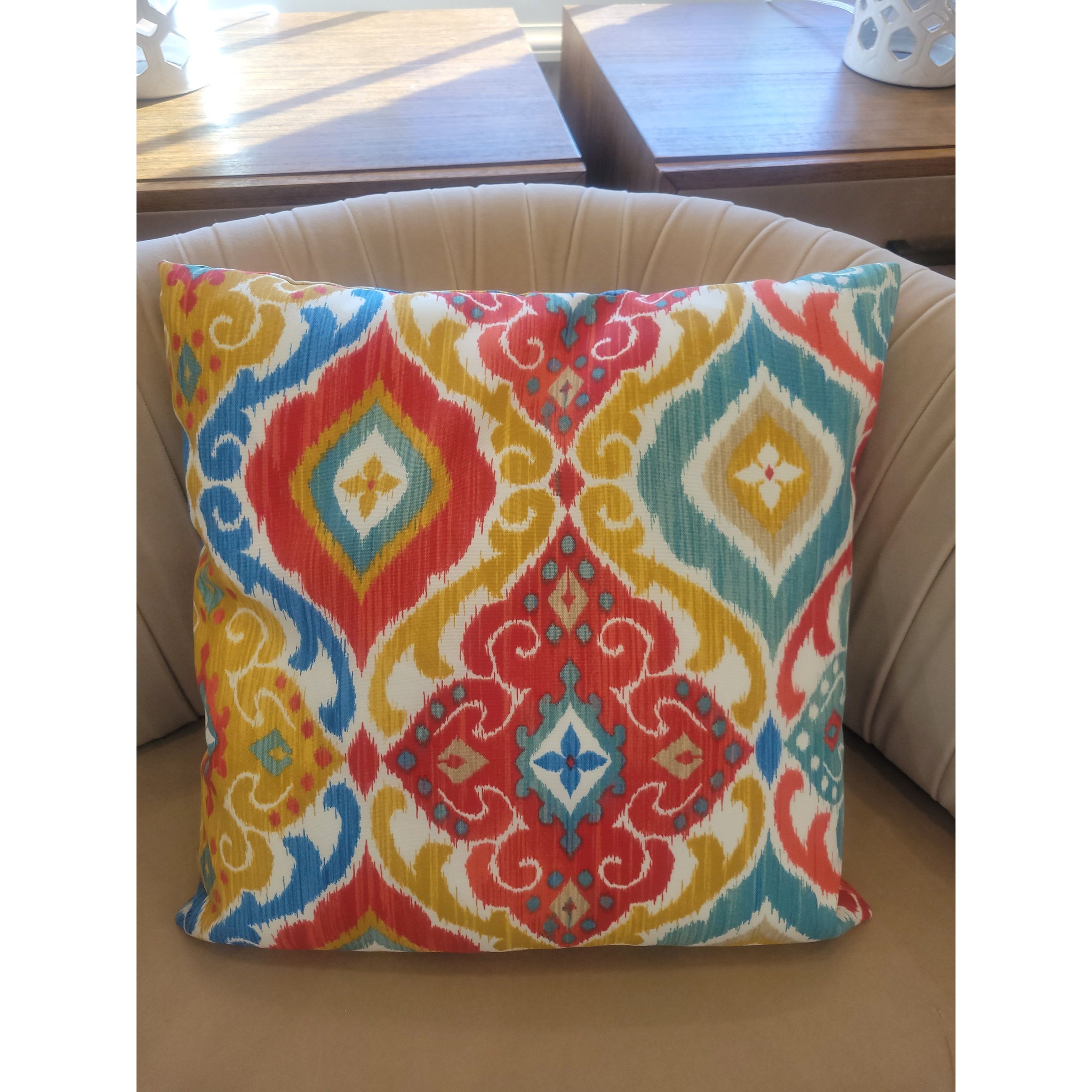 PAIR of Red & Blue Bohemian Print Sunbrella Square Pillows