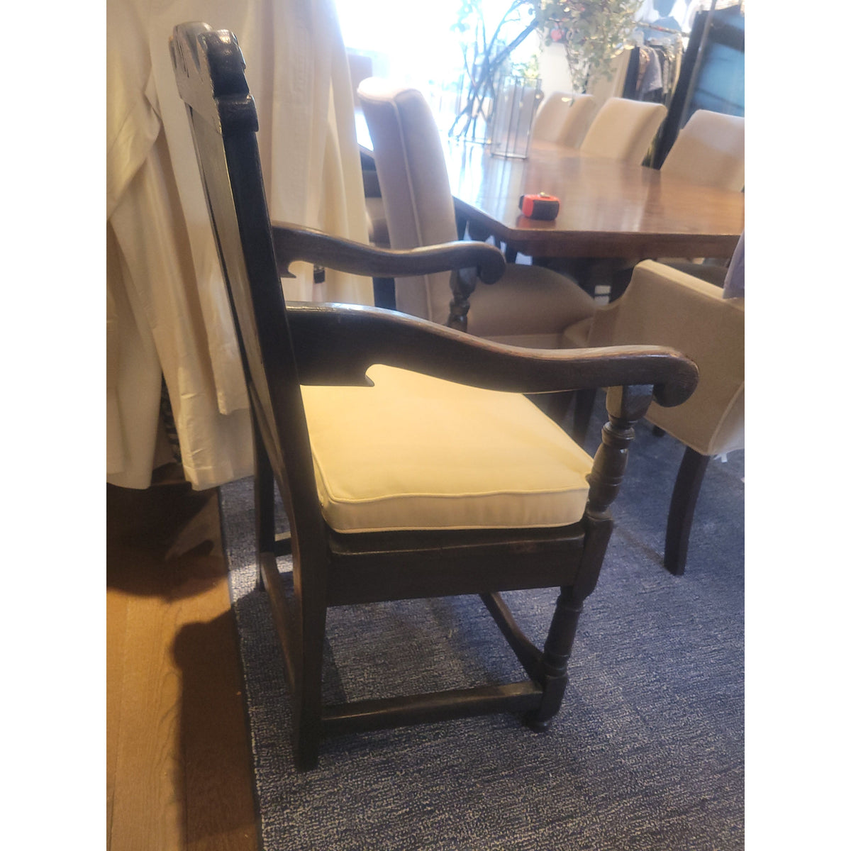 Antique Dark Wood Wainscot Arm Chair w/ Cushion