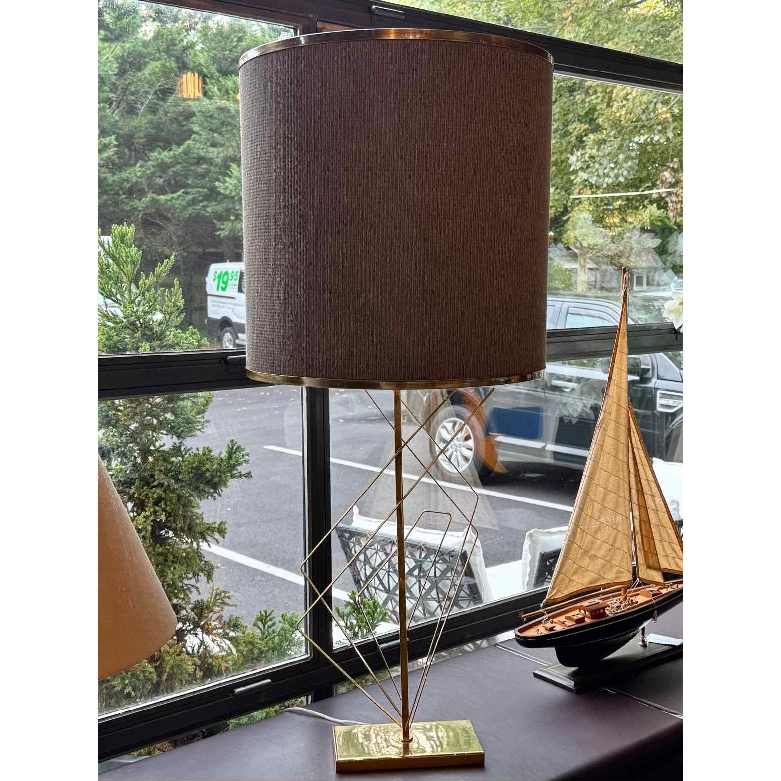 XL Shiny Brass Table Lamp w/ Dark Gray & Brass Shade