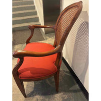 Vintage Bergere Style Armchair w/ Rust Colored Upholstered Seat and Caned Back