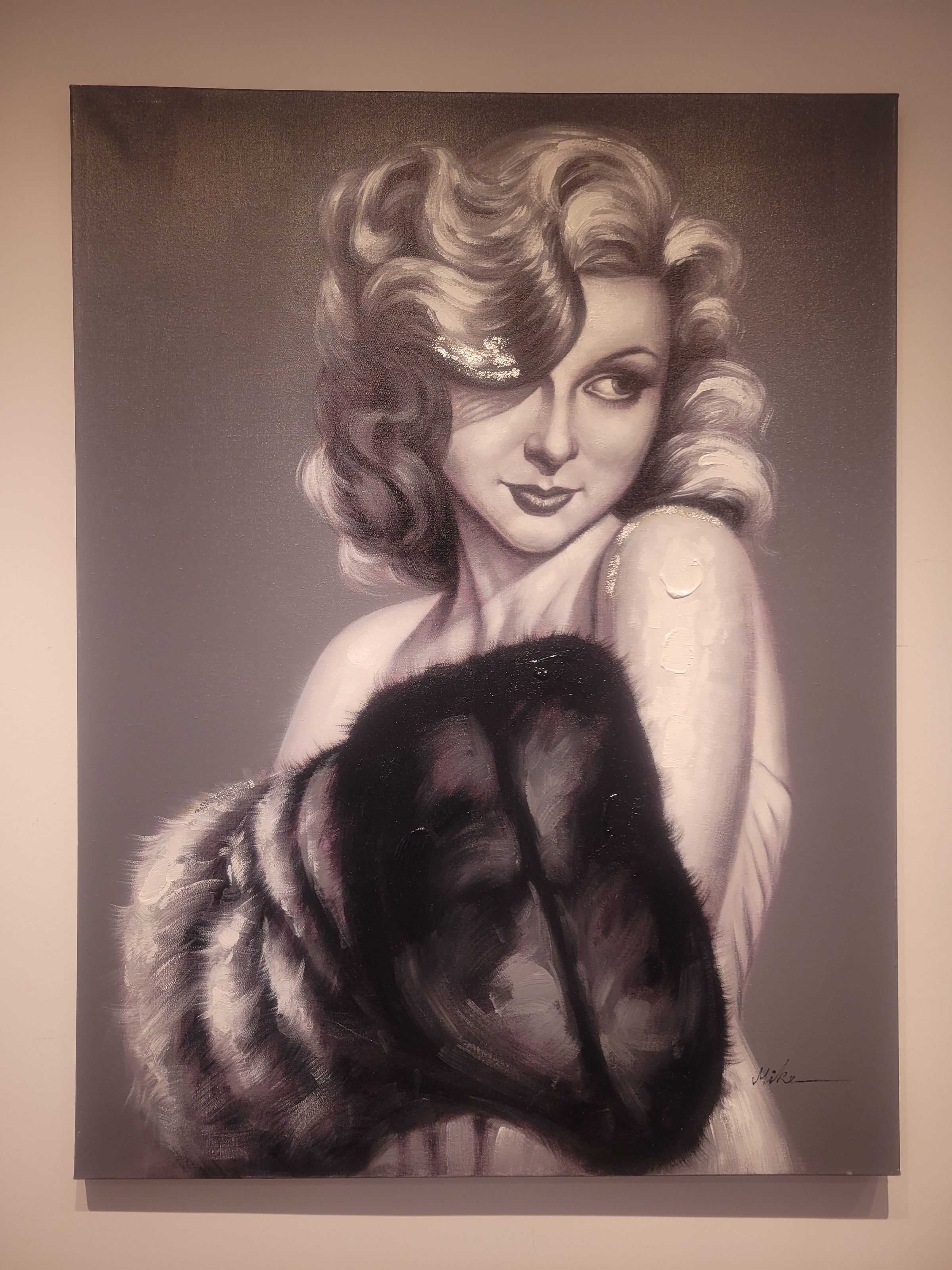 "Woman with Fur Muff" Modern Art Print on Canvas