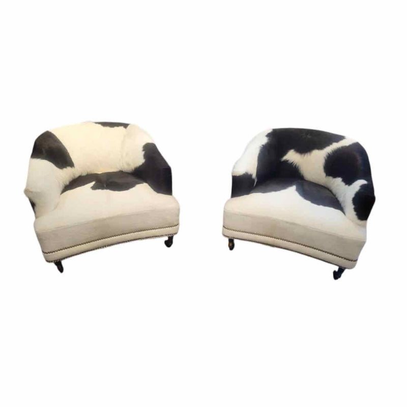 PAIR of Mid-Century Cowhide Club Chairs w/ Brass Nailheads