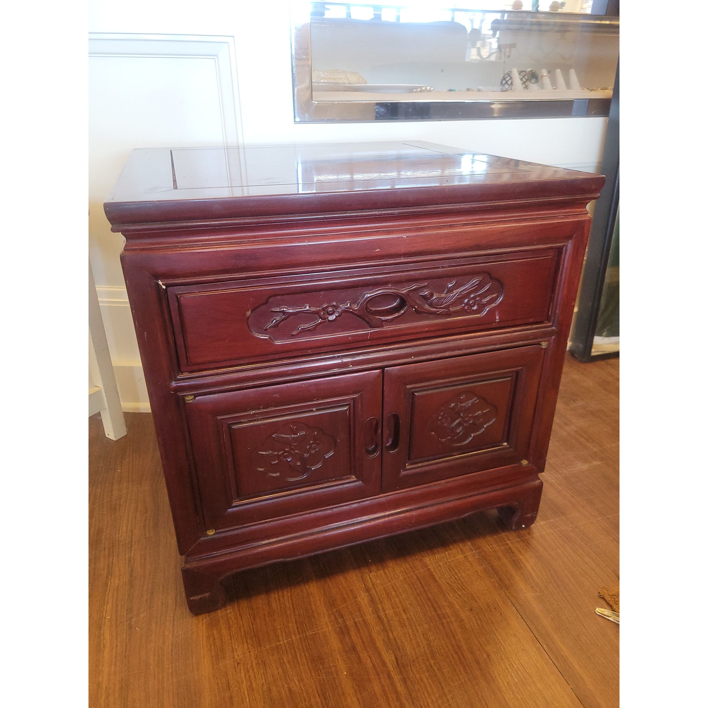 Mid-Century Chinese Chippendale Rosewood Nightstand (AS IS) - colletteconsignment.com