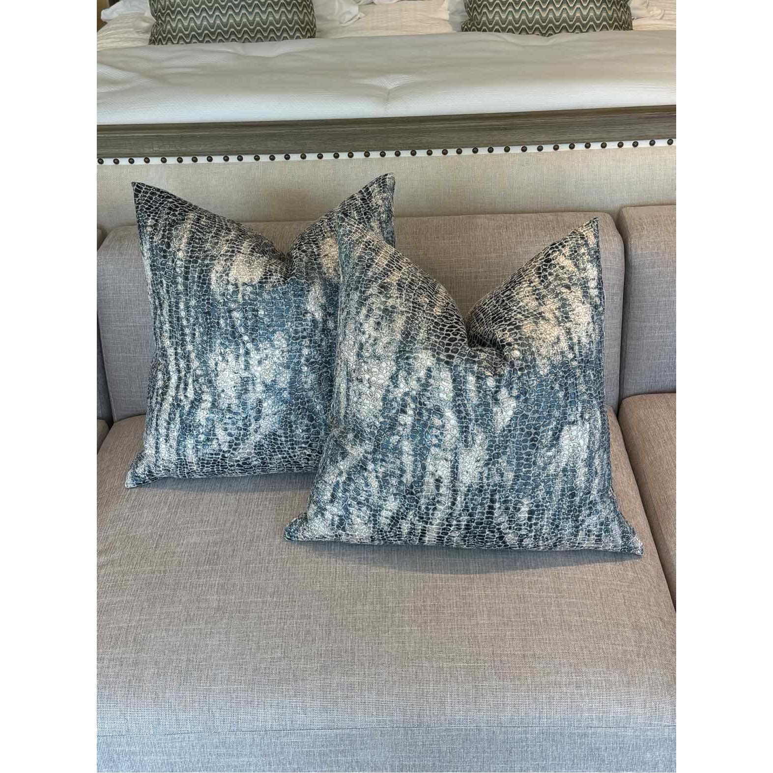 Pair of Blue/Mineral Color Animal Patterned Pillows 18"Sq