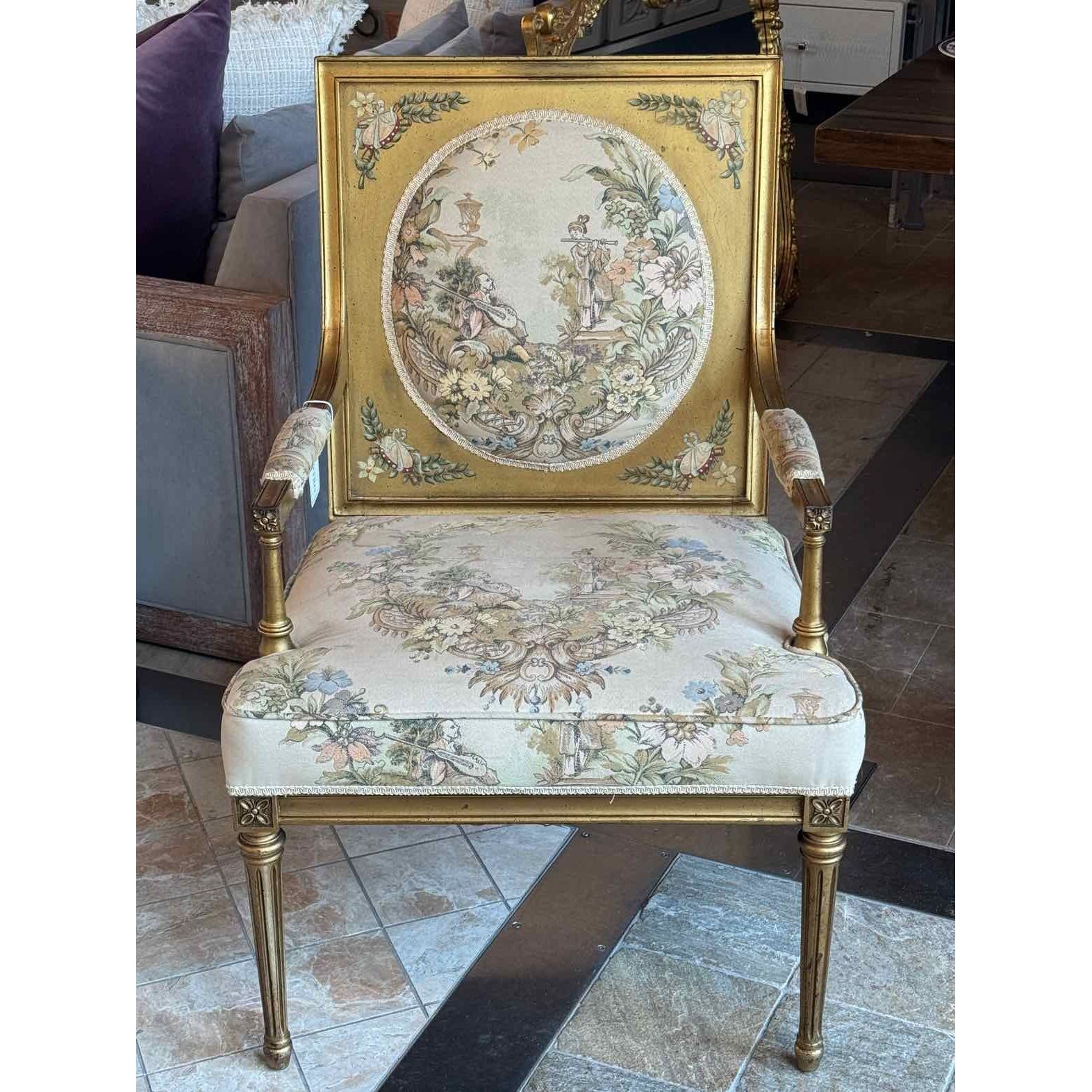 Gold Painted Arm Chair w/ Chinoiserie Upholstery