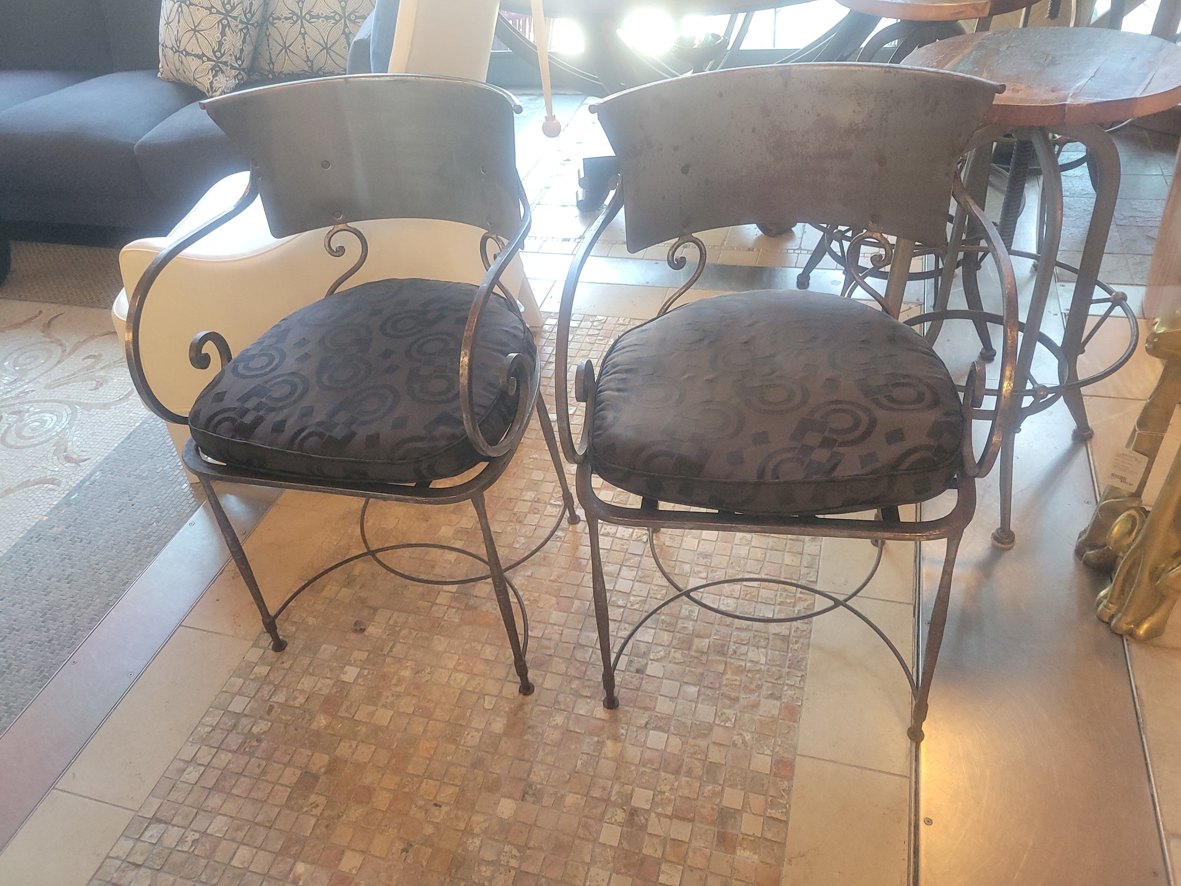 PAIR of Italian Hand-Forged Steel Dining Arm Chairs w/ Black Jacquard Cushions