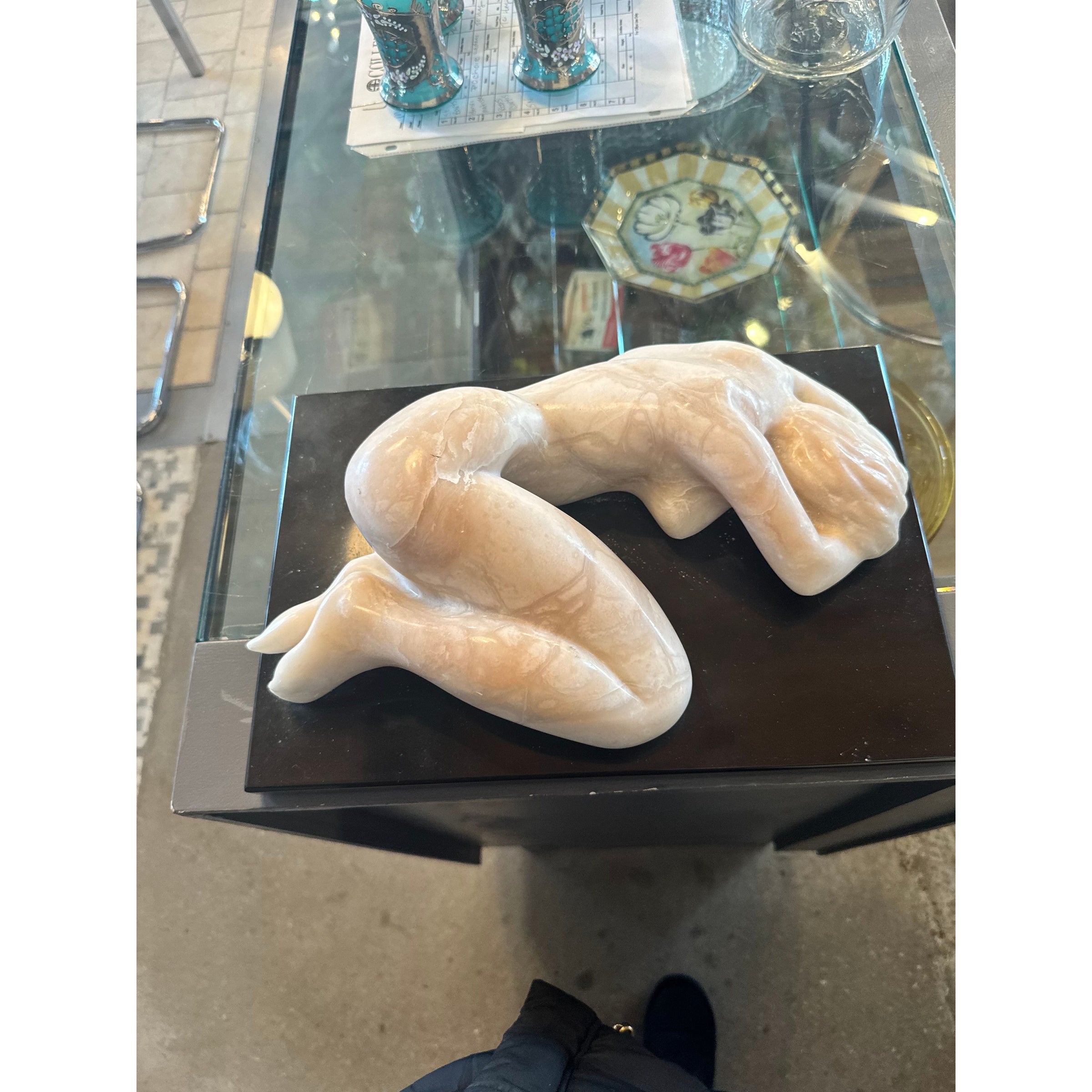 White Marble Woman Sculpture on Black Marble Base by Unknown LA Artist - colletteconsignment.com