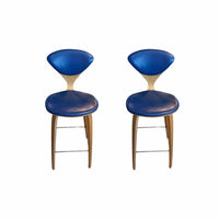 PAIR of Blue Leather & Wood Counter Stools by Cherner (AS IS)