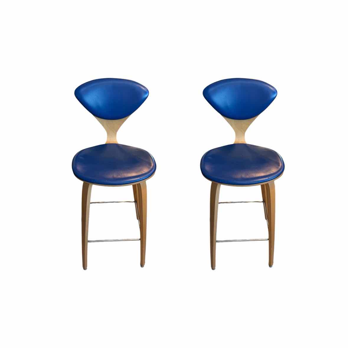 PAIR of Blue Leather & Wood Counter Stools by Cherner (AS IS)
