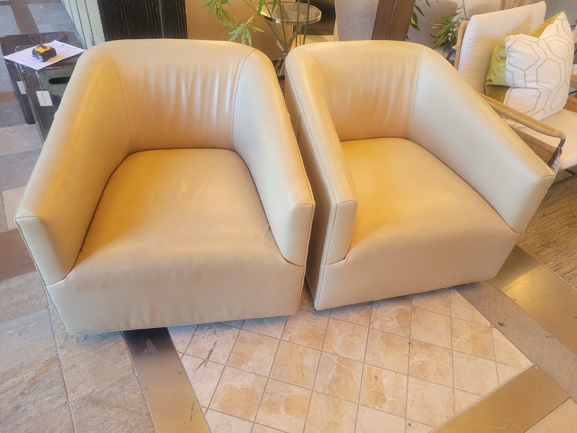 PAIR of Tan Leather Swivel Lounge Chairs by MG&BW (AS IS)