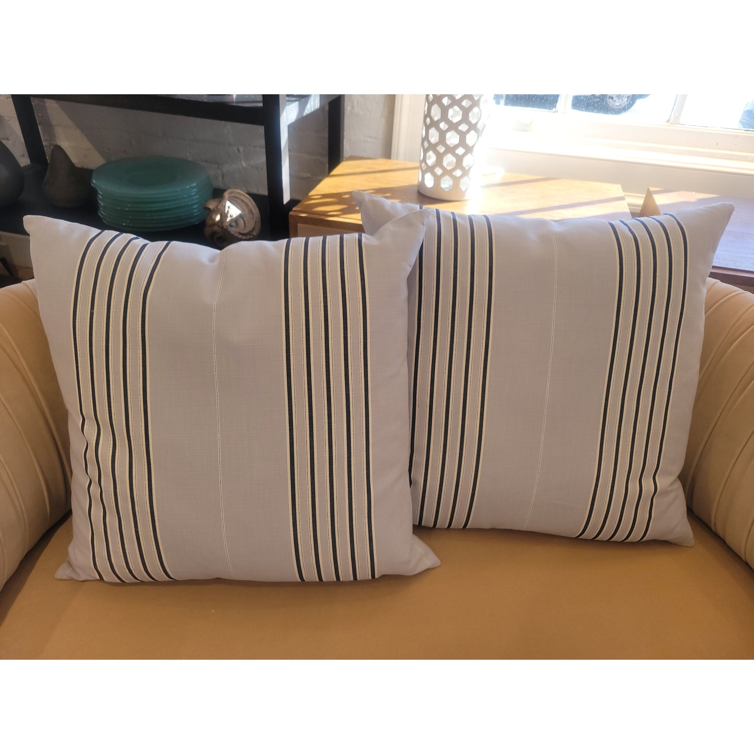PAIR of Custom Navy Stripes on Blue Sunbrella Square Pillows