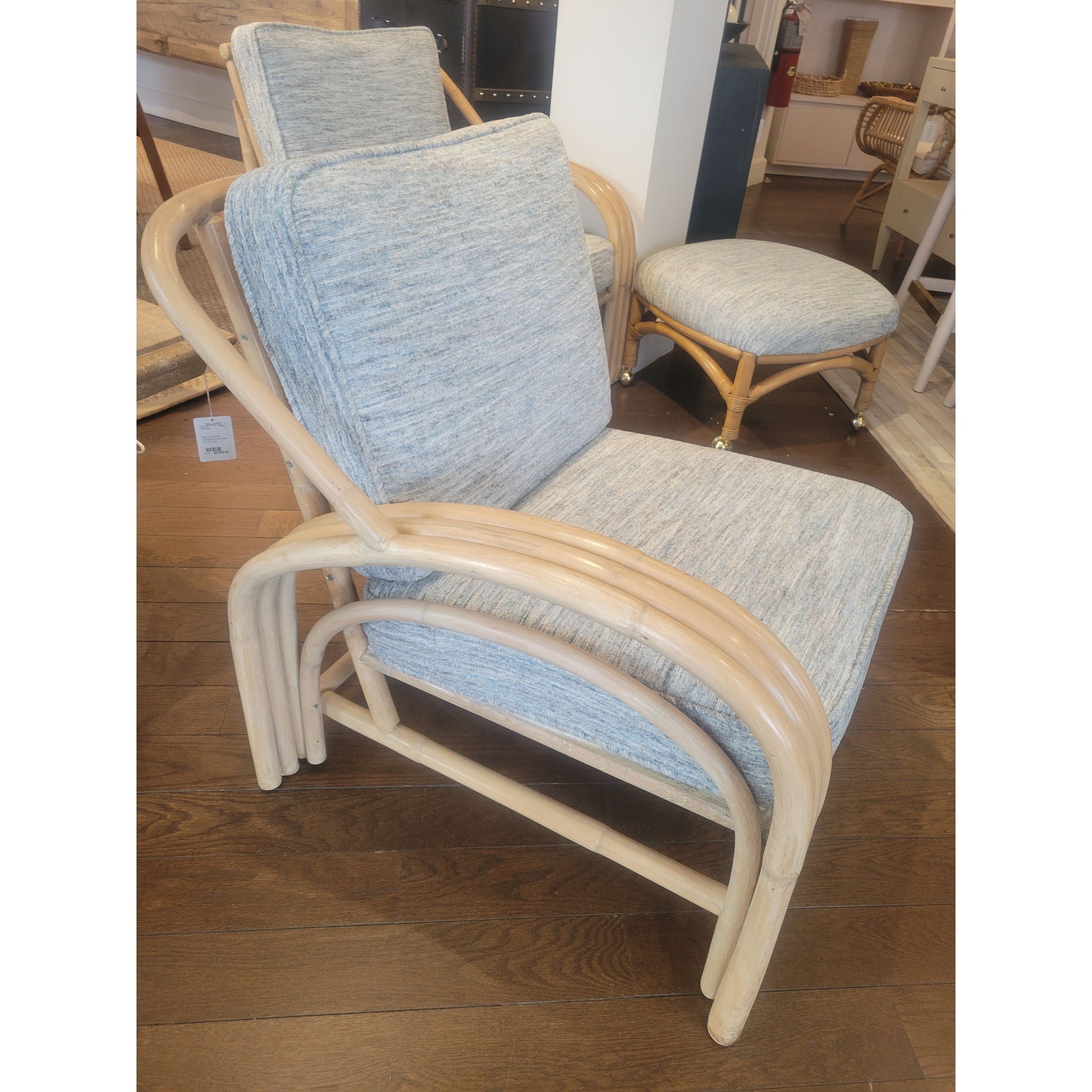 2-Pc 1950s Rattan Sofa w/ Blue Cushions & Ottoman - colletteconsignment.com