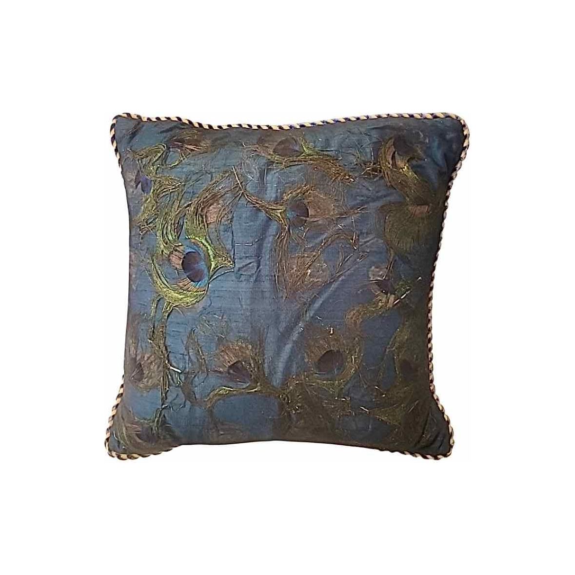 Peacock Lace Over Teal Silk Throw Pillow w/ Down Insert