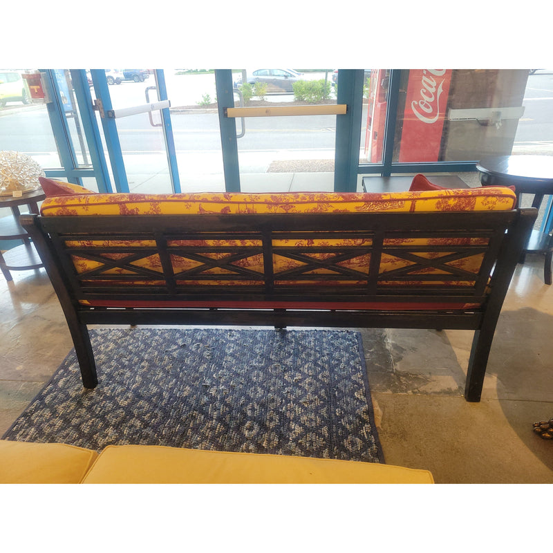 Black Wood Garden Style Bench w/ Toile Cushions & Pillows