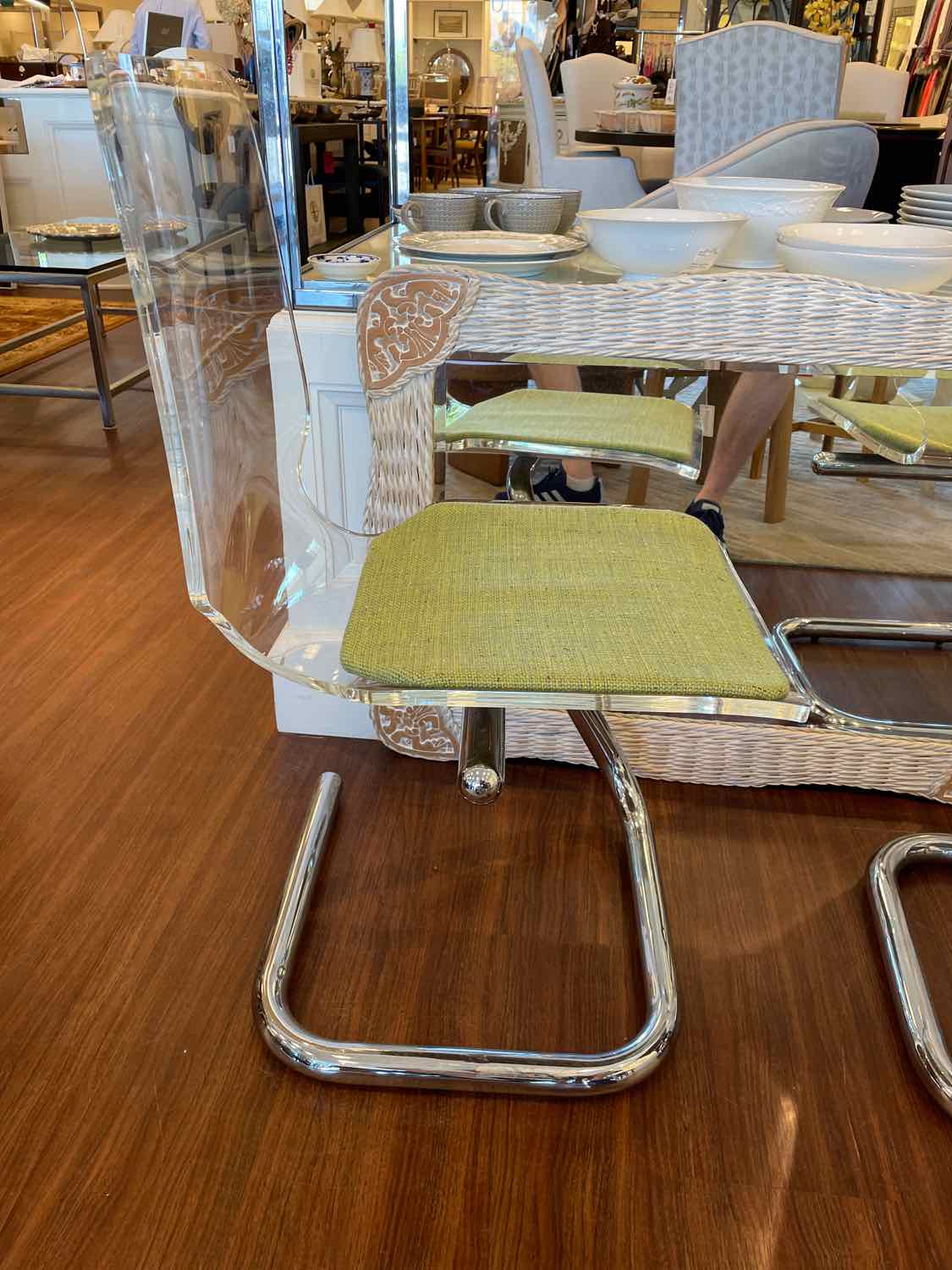 PAIR of Mid-Century Lucite & Chrome Chairs w/ Green Seats by Luigi Bardini