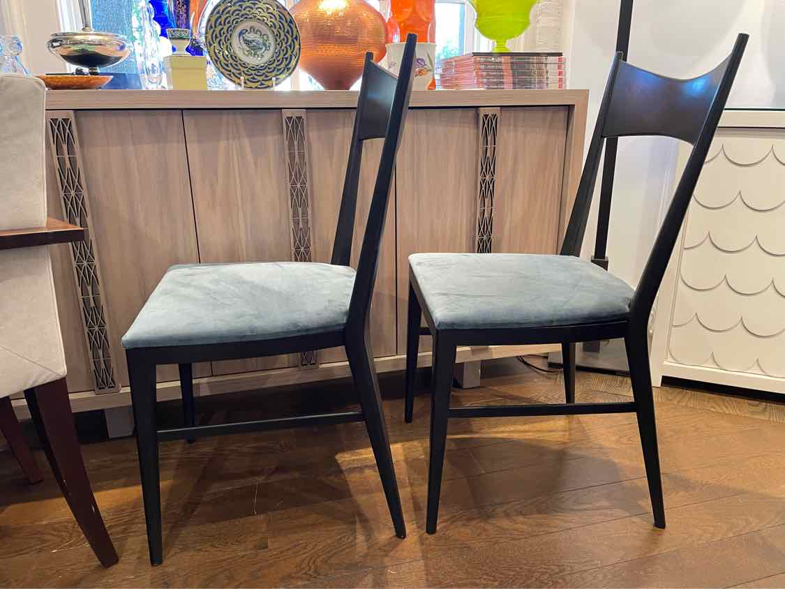 SET of 8 Black Wood Dining Chairs w/ Blue Velvet Seats by Paul McCobb