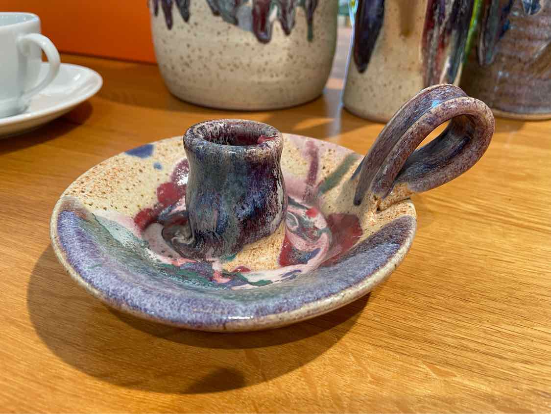 Blue Painted Pottery Candlestick Holder