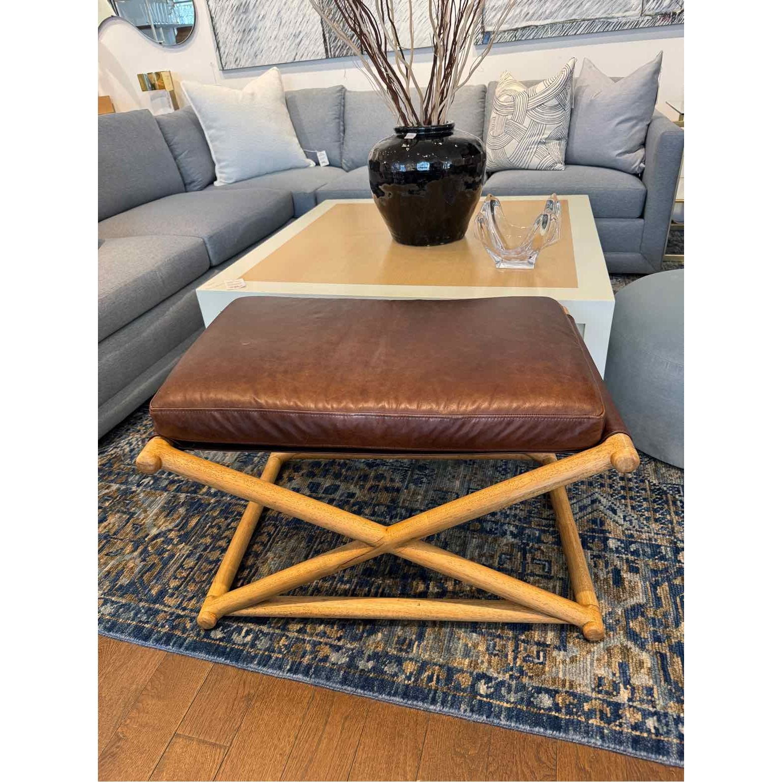 Brown Saddle Leather X Frame Walnut Bench